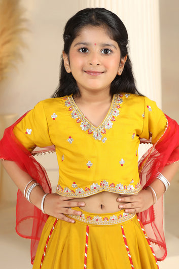Girls Mustard Roman Silk Embroidered Lehenga Choli With Dupatta Set Traditional 3-Piece Festive Outfit for Kids