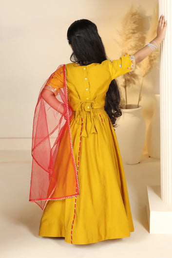 Girls Mustard Roman Silk Embroidered Lehenga Choli With Dupatta Set Traditional 3-Piece Festive Outfit for Kids
