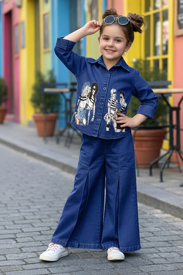 Girls Dark Blue Denim Printed Shirt And Palazzo Pant Set