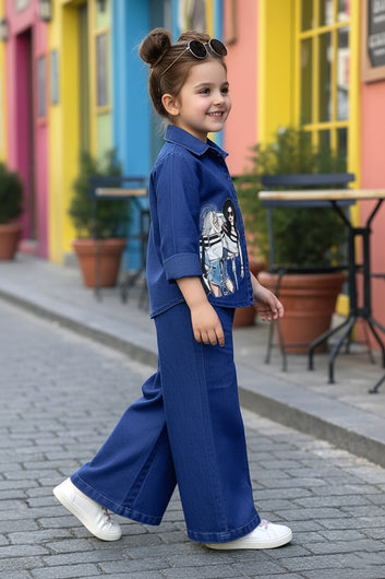 Girls Dark Blue Denim Printed Shirt And Palazzo Pant Set