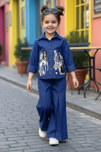 Girls Dark Blue Denim Printed Shirt And Palazzo Pant Set
