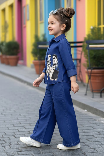Girls Dark Blue Denim Printed Shirt And Palazzo Pant Set