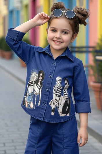 Girls Dark Blue Denim Printed Shirt And Palazzo Pant Set