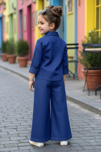 Girls Dark Blue Denim Printed Shirt And Palazzo Pant Set