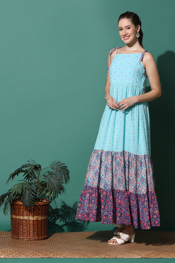 Women's Sky Printed Georgette Tiered Maxi Dress