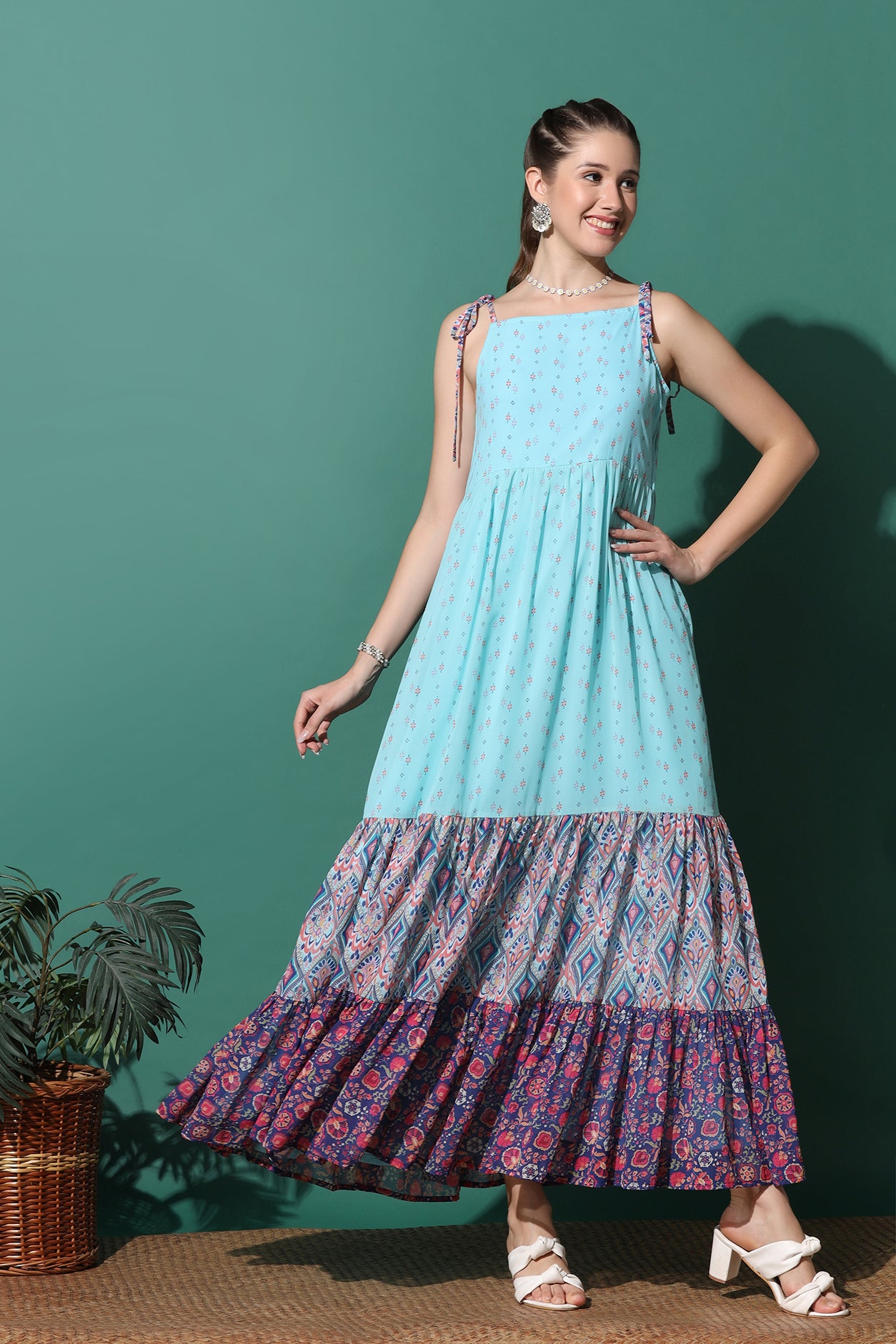 Women's Sky Printed Georgette Tiered Maxi Dress