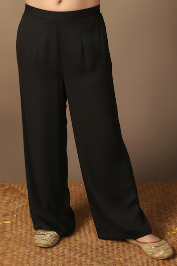 Girls Off White Georgette Printed Straight Ethnic Jacket, Choli With Palazzo Set