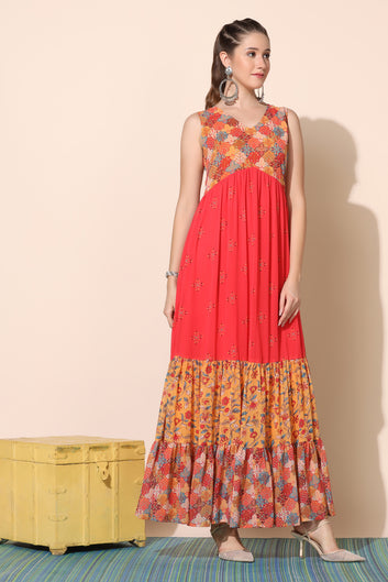 Women's Red Georgette Motif Print Tiered Maxi Dress