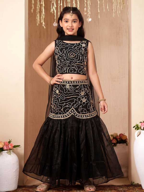 Girls Black Silk Blend Bead Bead Embroidery Lehenga Choli With Dupatta Ethnic Set