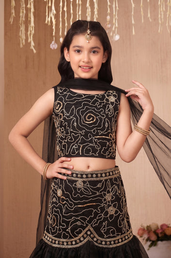Girls Black Silk Blend Bead Bead Embroidery Lehenga Choli With Dupatta Ethnic Set