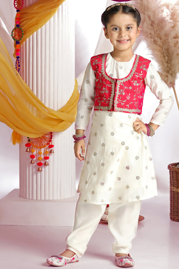 Girls Off White Silk Blend Embroidered Kurta with Koti and Pyjama Ethnic Set