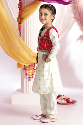 Girls Off White Silk Blend Embroidered Kurta with Koti and Pyjama Ethnic Set