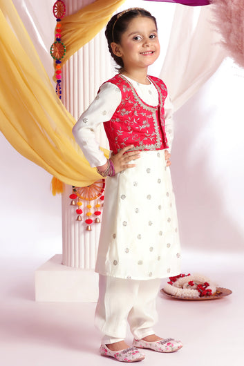 Girls Off White Silk Blend Embroidered Kurta with Koti and Pyjama Ethnic Set