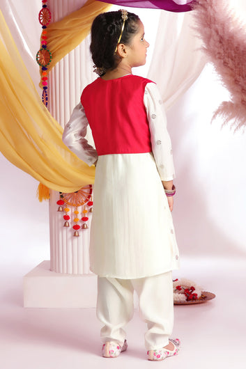 Girls Off White Silk Blend Embroidered Kurta with Koti and Pyjama Ethnic Set