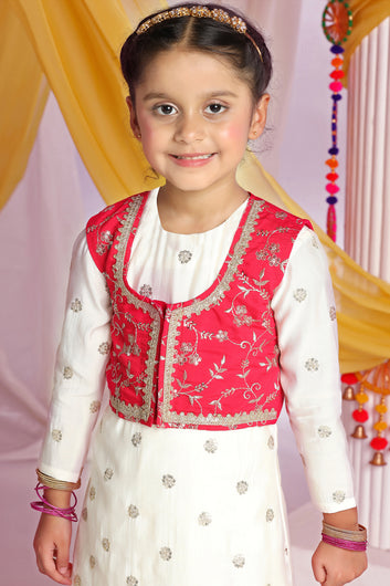 Girls Off White Silk Blend Embroidered Kurta with Koti and Pyjama Ethnic Set