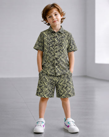 Boys Beige Cotton Blend Zig Zag Print Shirt and Shorts For Casual Wear