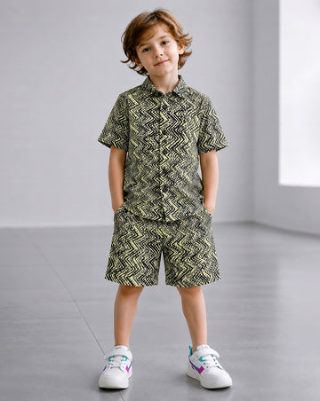 Boys Beige Cotton Blend Zig Zag Print Shirt and Shorts For Casual Wear