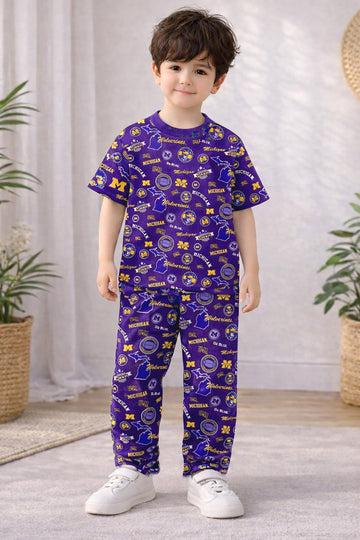 Boys Violet Cotton Blend Graphic Print T-Shirt and Pant For Clothing Set