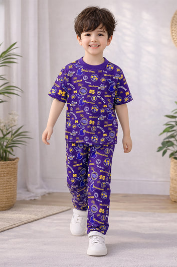 Boys Violet Cotton Blend Graphic Print T-Shirt and Pant For Clothing Set