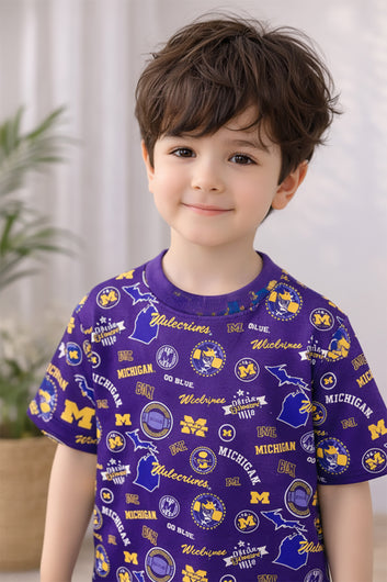 Boys Violet Cotton Blend Graphic Print T-Shirt and Pant For Clothing Set