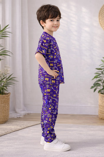 Boys Violet Cotton Blend Graphic Print T-Shirt and Pant For Clothing Set