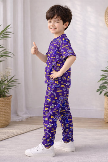 Boys Violet Cotton Blend Graphic Print T-Shirt and Pant For Clothing Set