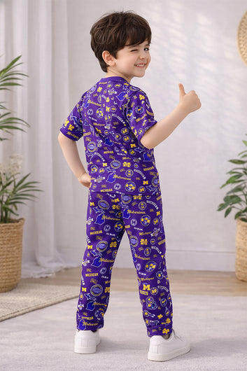 Boys Violet Cotton Blend Graphic Print T-Shirt and Pant For Clothing Set