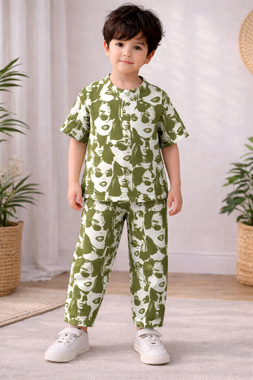 Boys Olive Cotton Blend Digital Printed Shirt and Pant Set For Casual Wear