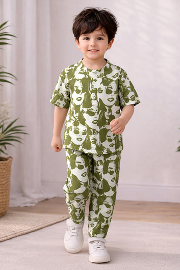 Boys Olive Cotton Blend Digital Printed Shirt and Pant Set For Casual Wear