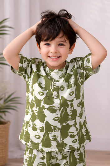 Boys Olive Cotton Blend Digital Printed Shirt and Pant Set For Casual Wear