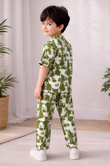 Boys Olive Cotton Blend Digital Printed Shirt and Pant Set For Casual Wear