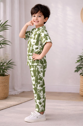 Boys Olive Cotton Blend Digital Printed Shirt and Pant Set For Casual Wear