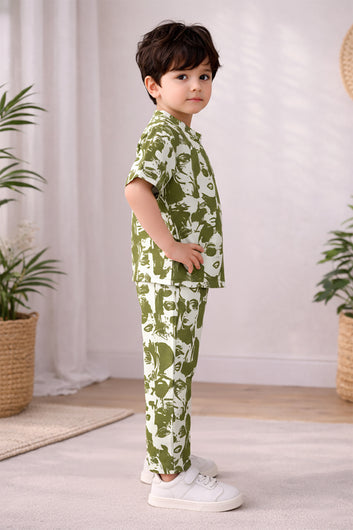 Boys Olive Cotton Blend Digital Printed Shirt and Pant Set For Casual Wear