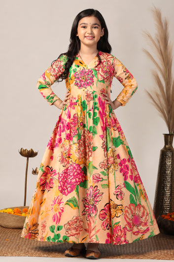 Girls Beige Chinon Silk Floral Printed Maxi Dress
