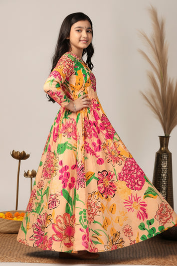 Girls Beige Chinon Silk Floral Printed Maxi Dress