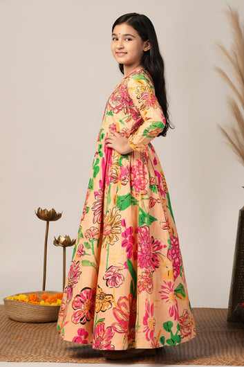 Girls Beige Chinon Silk Floral Printed Maxi Dress