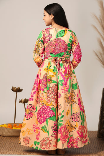 Girls Beige Chinon Silk Floral Printed Maxi Dress
