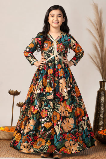 Girls Black Chinon Silk Floral Printed Maxi Dress