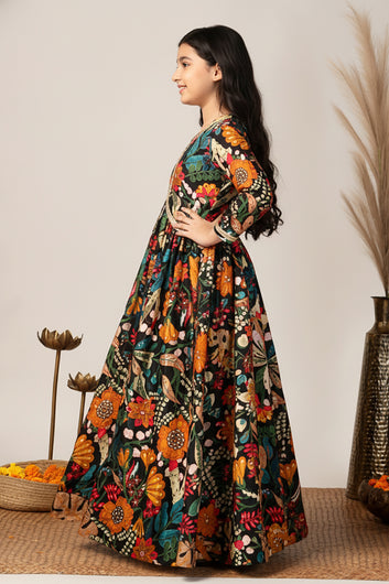 Girls Black Chinon Silk Floral Printed Maxi Dress