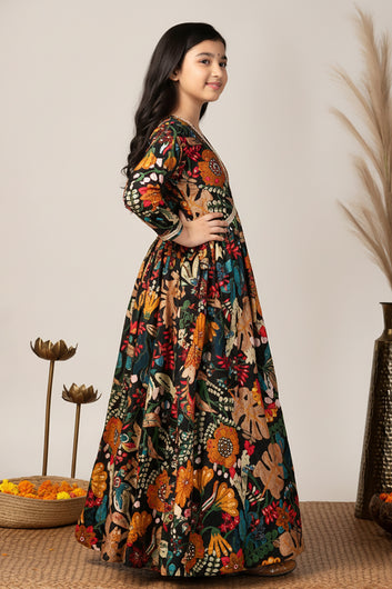 Girls Black Chinon Silk Floral Printed Maxi Dress