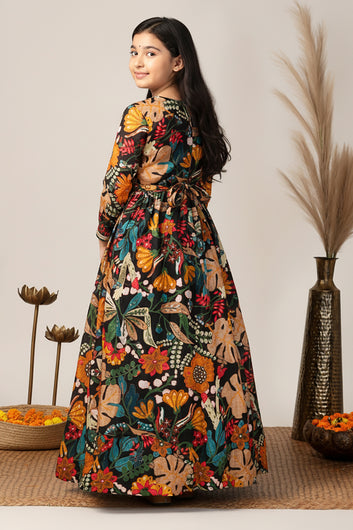 Girls Black Chinon Silk Floral Printed Maxi Dress