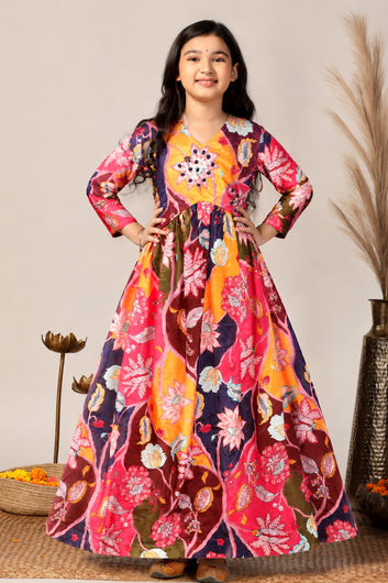 Girls Multicolor Chinon Silk Floral Printed Maxi Dress