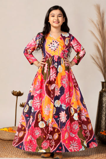 Girls Multicolor Chinon Silk Floral Printed Maxi Dress