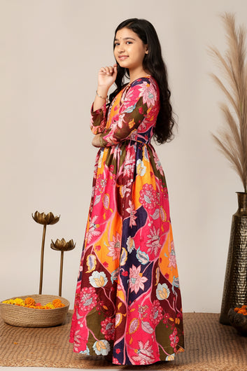 Girls Multicolor Chinon Silk Floral Printed Maxi Dress