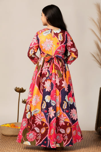 Girls Multicolor Chinon Silk Floral Printed Maxi Dress