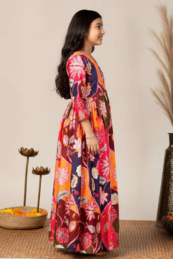 Girls Multicolor Chinon Silk Floral Printed Maxi Dress