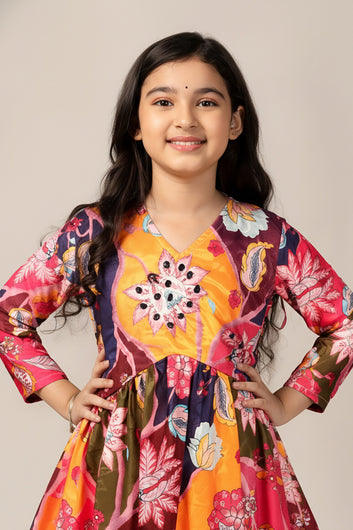 Girls Multicolor Chinon Silk Floral Printed Maxi Dress