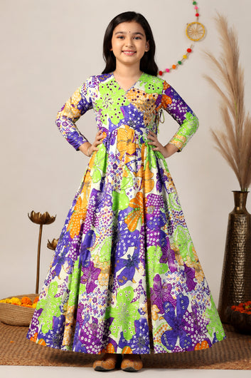 Girls Multicolor Chinon Silk Floral Printed Maxi Dress