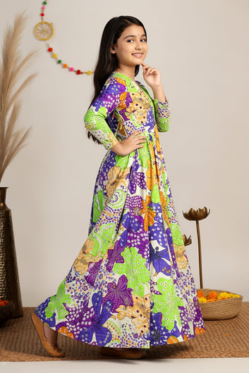 Girls Multicolor Chinon Silk Floral Printed Maxi Dress