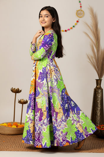 Girls Multicolor Chinon Silk Floral Printed Maxi Dress